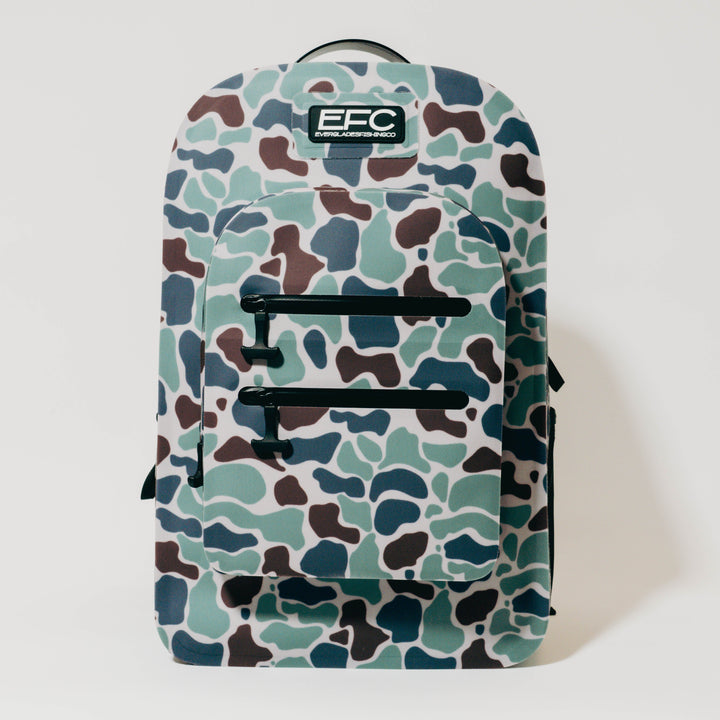 Camouflage-patterned waterproof backpack with a visible EFC brand logo 